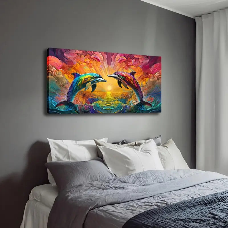 Vibrant Sunset Dolphins Wall Art Canvas Office Home Room Framed 120x60cm