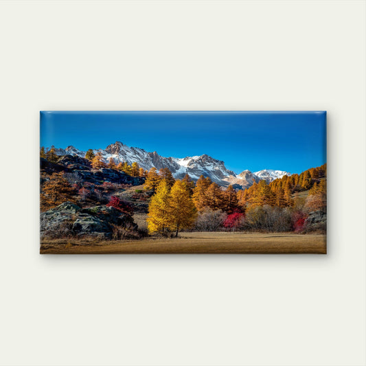 Snowy Mountain Peaks Autumn Foliage Meadow Blue Sky Wall Art Canvas Office Home Room Framed 80x45cm