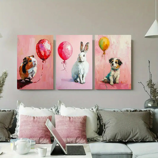3pcs Balloons & Puppy, Guinea Pig, Rabbit Classic Design Metal Print Ready to Hang Art