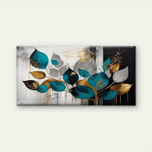 Modern Abstract Teal Gold Foil Leaves Wall Art Canvas Office Home Framed 80x45