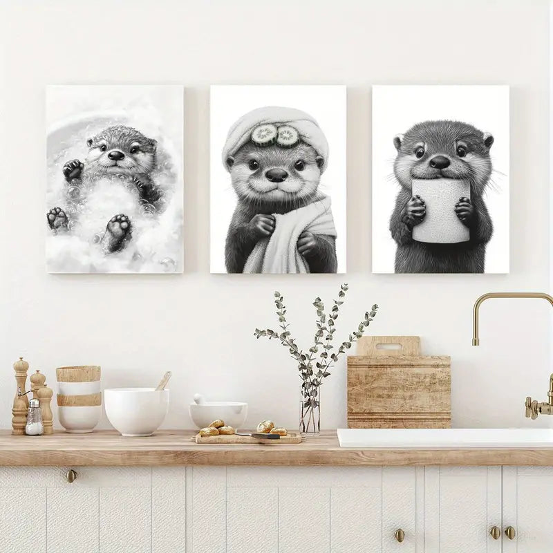 3pcs Adorable Otter Black & White Cartoon Classic Design Metal Print Ready to Hang Art