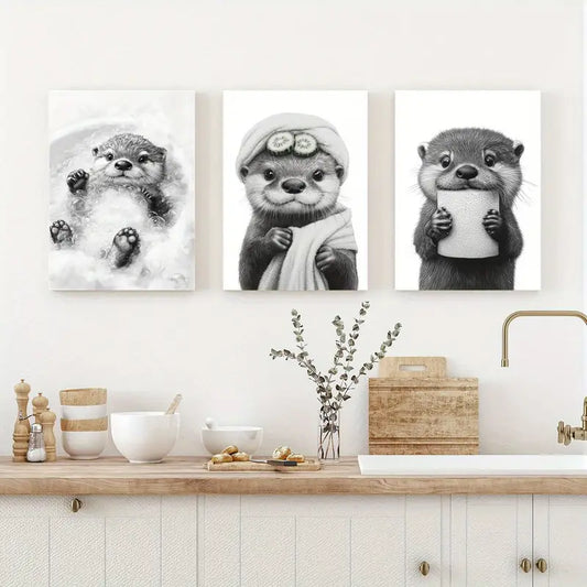 3pcs Adorable Otter Black & White Cartoon Classic Design Metal Print Ready to Hang Art