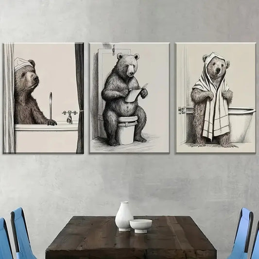 3pcs Retro Style Bear-Like In Bathroom  Wall Art Set Canvas Framed 40x60cm - High Quality Print 100% Australian Made Wall Canvas Ready to Hang