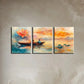 3pcs Serene Lake with Lotus Flowers, Sunset Sky Metal Print Ready to Hang Art