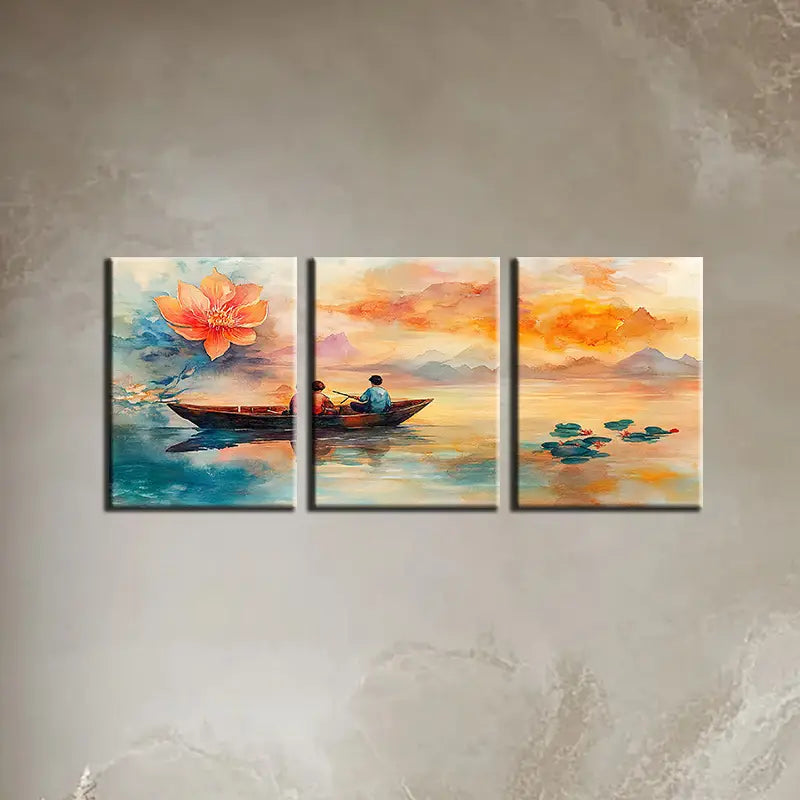 3pcs Serene Lake with Lotus Flowers, Sunset Sky Metal Print Ready to Hang Art