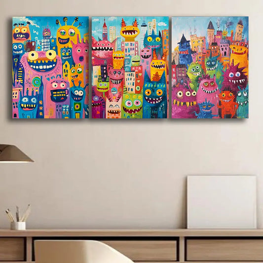 3pcs Vibrant Smiling Monsters Metal Print Ready to Hang Art