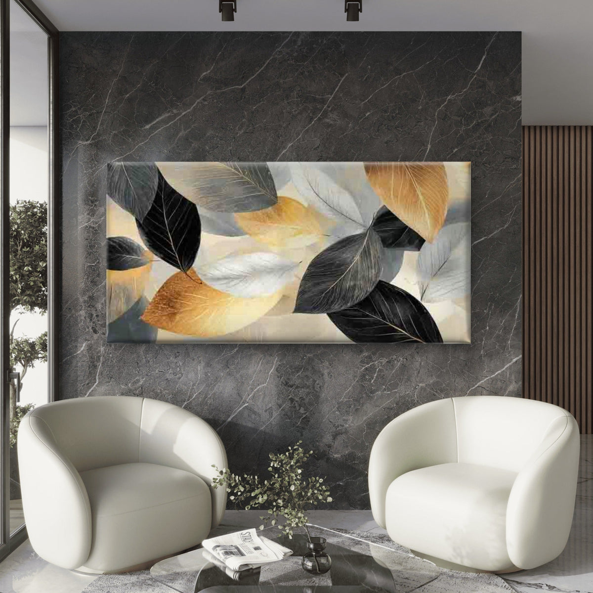Golden Leaves Abstract Wall Art Canvas Office Home Room Framed 120x60cm