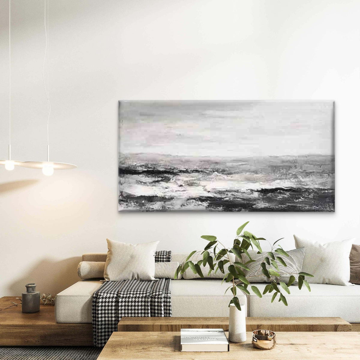 Black and White Coastal Wave Wall Art Canvas Office Home Room Framed 120x60cm