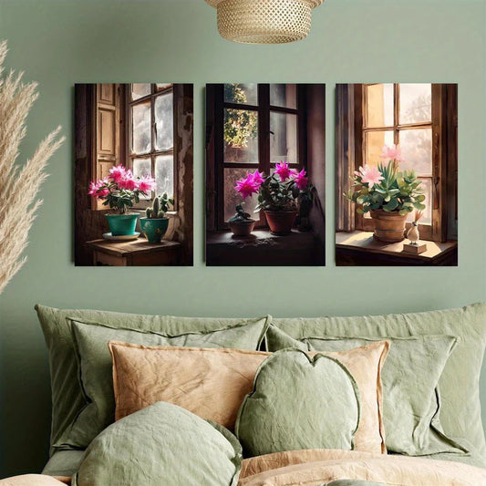 3pcs Cactus Window Vivid Rose Red Flowers Metal Print Ready to Hang Art