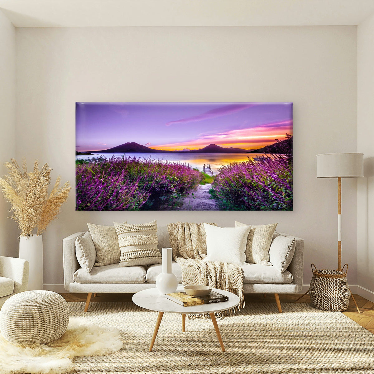 Purple Flowers By The Lake Wall Art Canvas Office Home Room Framed 80x45cm