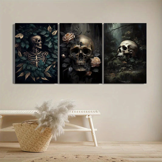 3pcs Gothic Floral Skull Dark Forest & Skeleton Metal Print Ready to Hang Art
