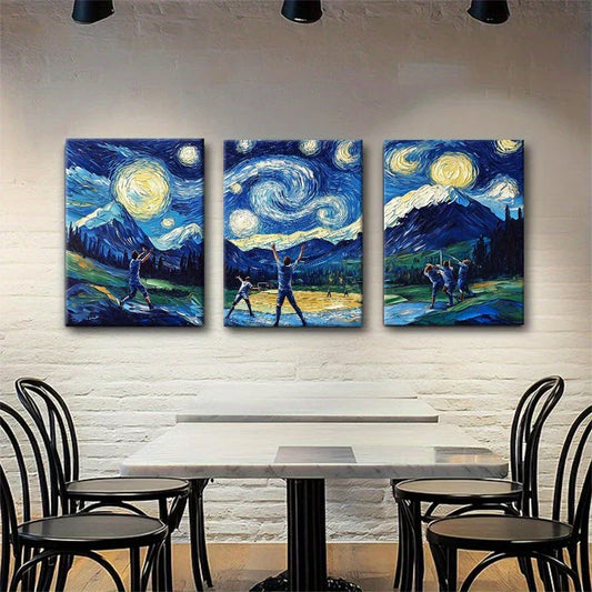 3pcs Baseball Starry Night Van Gogh Style Metal Print Ready to Hang Art