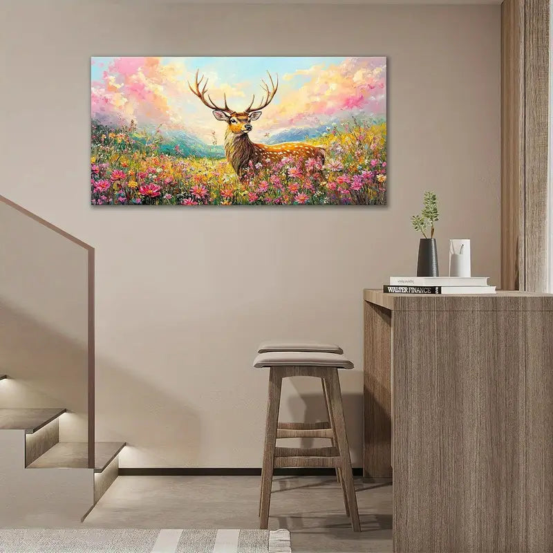 Large Rustic Wildlife Nature Deer Wildflower Wall Art canvas office home room framed 120x60cm