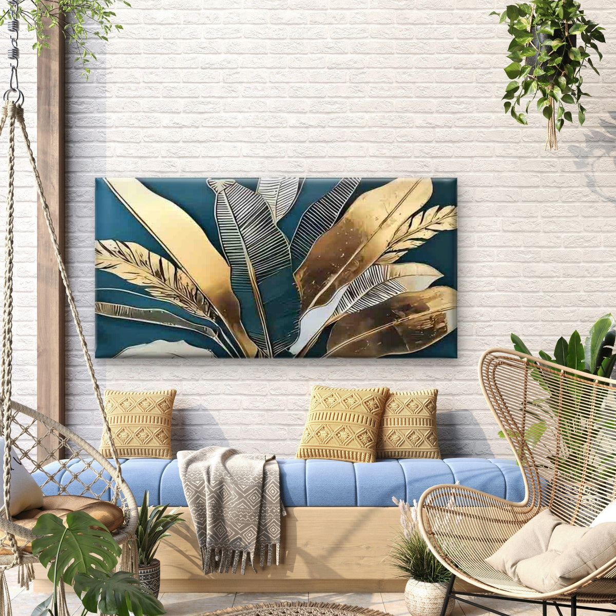 Golden Tropical Monstera & Palm Wall Art Canvas Office Home Room Framed 120x60cm