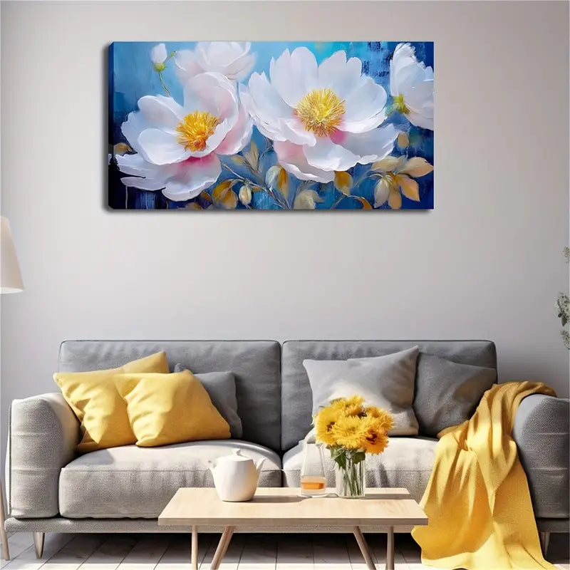 White Flowers with Yellow Center Wall Art Canvas Office Home Room Framed 120x60cm