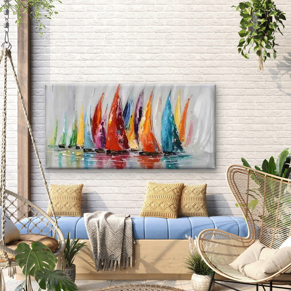 Colorful Sailing Boats Painting Wall Art Canvas Office Home Room Framed 80x45cm