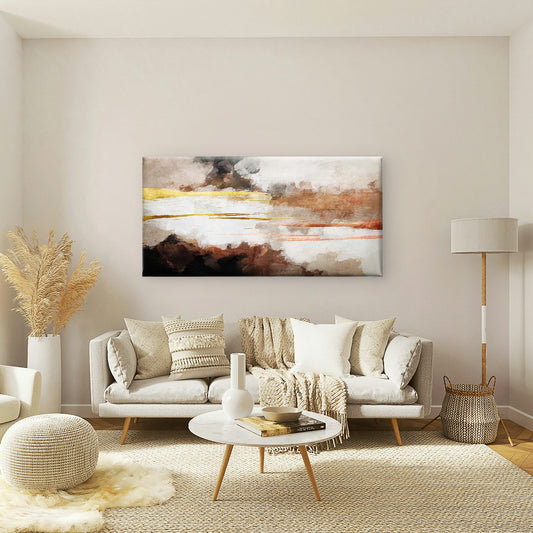 Abstract Brown Beige Textured Clouds Gold Foil Strip Wall Art Canvas Office Home Framed 80x45cm