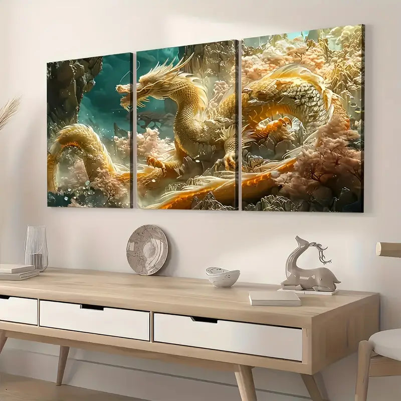 3pcs Golden Dragon Abstract Art Landscape Wall Art Set Canvas Framed 40x60cm - High Quality Print 100% Australian Made Wall Canvas Ready to Hang