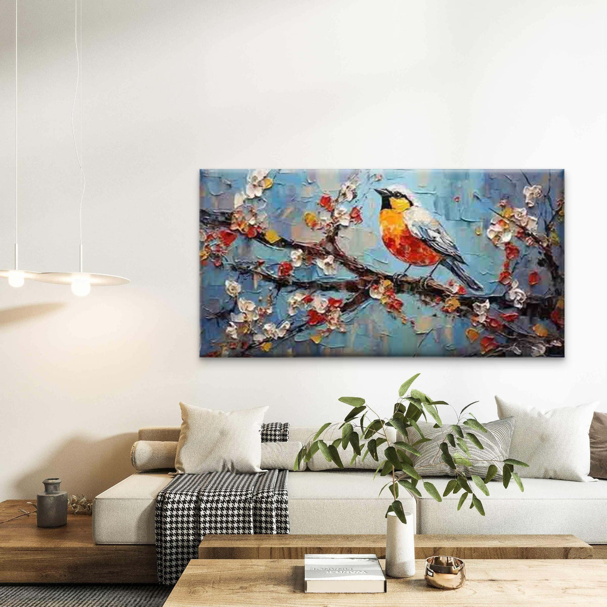 Bird In Branch Oil Painting Wall Art Canvas Office Home Room Framed 80x45cm