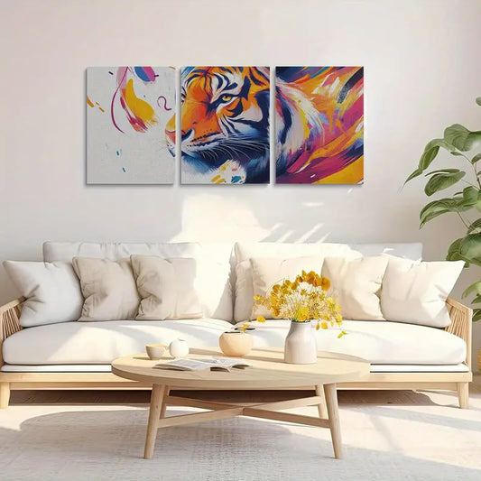 3pcs Vibrant Lion & Tiger Illustrations, Dynamic Brushstrokes Metal Print Ready to Hang Art