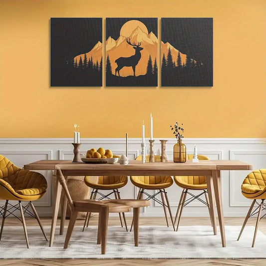 3pcs Majestic Deer Silhouette with Mountain & Forest Metal Print Ready to Hang Art