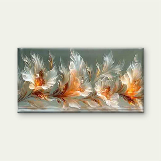 White and Orange Floral Design Wall Art Canvas Office Home Room Framed 80x45cm