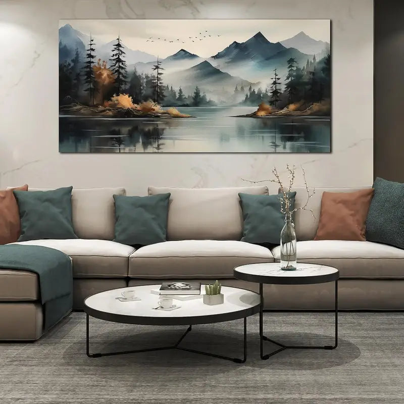 Teal Mountain Tree Landscape Wall Art canvas office home room framed 120x60cm