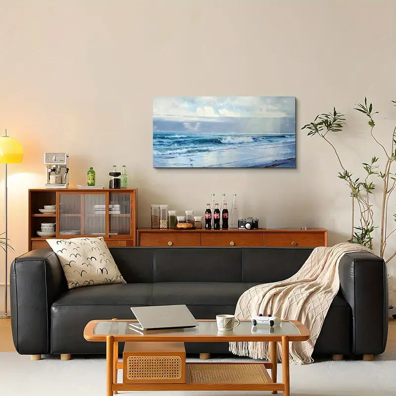 Blue Aesthetic Sun & Ocean Waves Wall Art canvas office home room framed 120x60cm