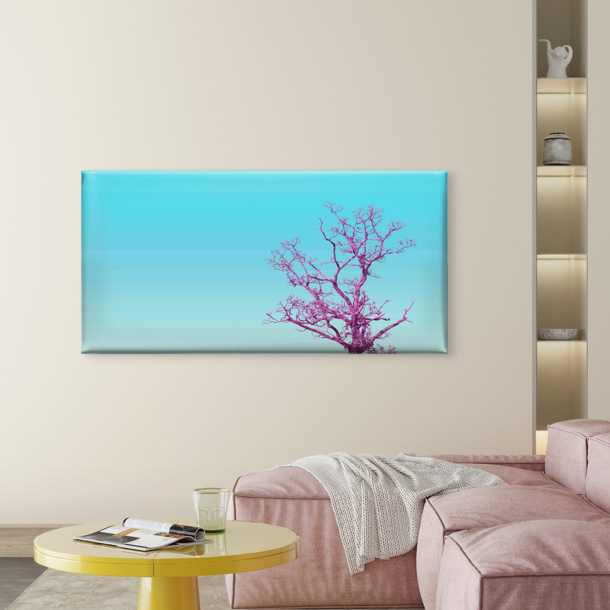 Pink Tree On Blue S Wall Art Canvas Office Home Room Framed 120x60cm