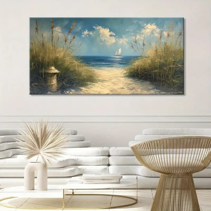 Serene White Sandy Beach Seaside Wall Art canvas office home room framed 120x60cm