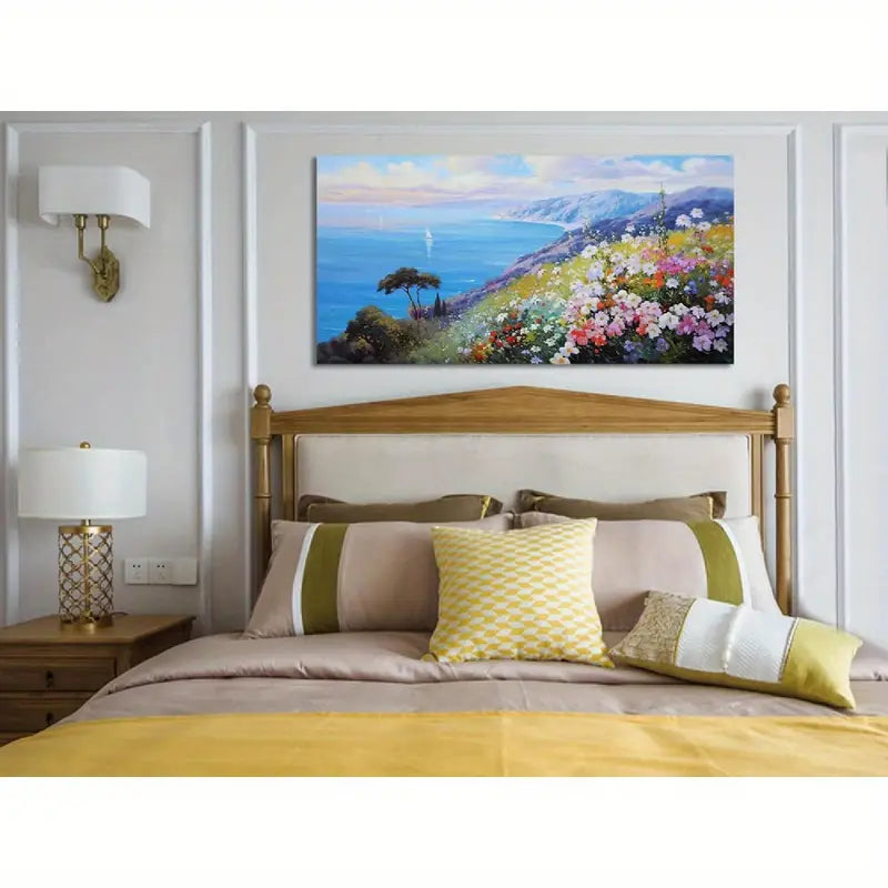 Blue Coastal Vibrant Flowers & Sailboats Ocean Seascape Wall Art canvas office home room framed 120x60cm