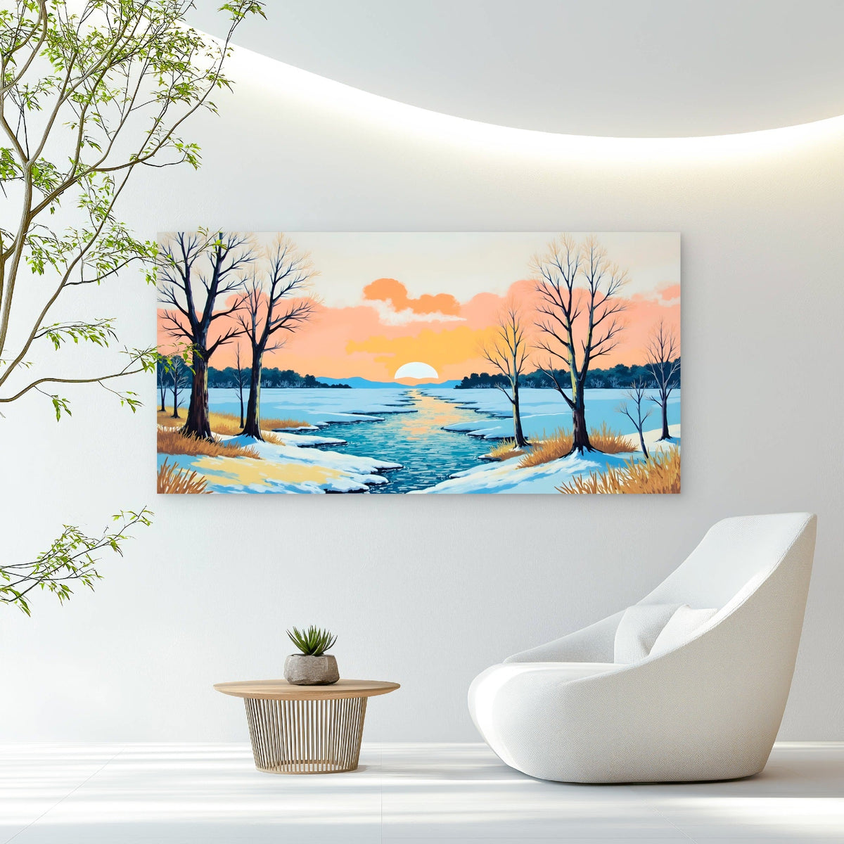 Winter Forest River Scene Wall Art Canvas Office Home Room Framed 80x45cm