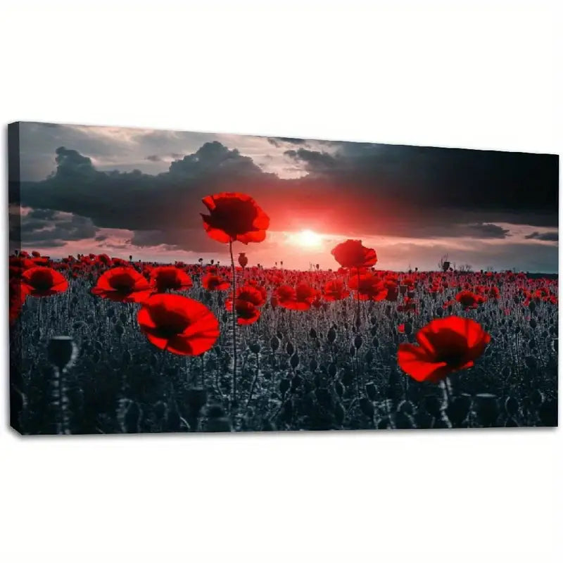 Red Field Poppies Sunset Wall Art canvas office home room framed 120x60cm