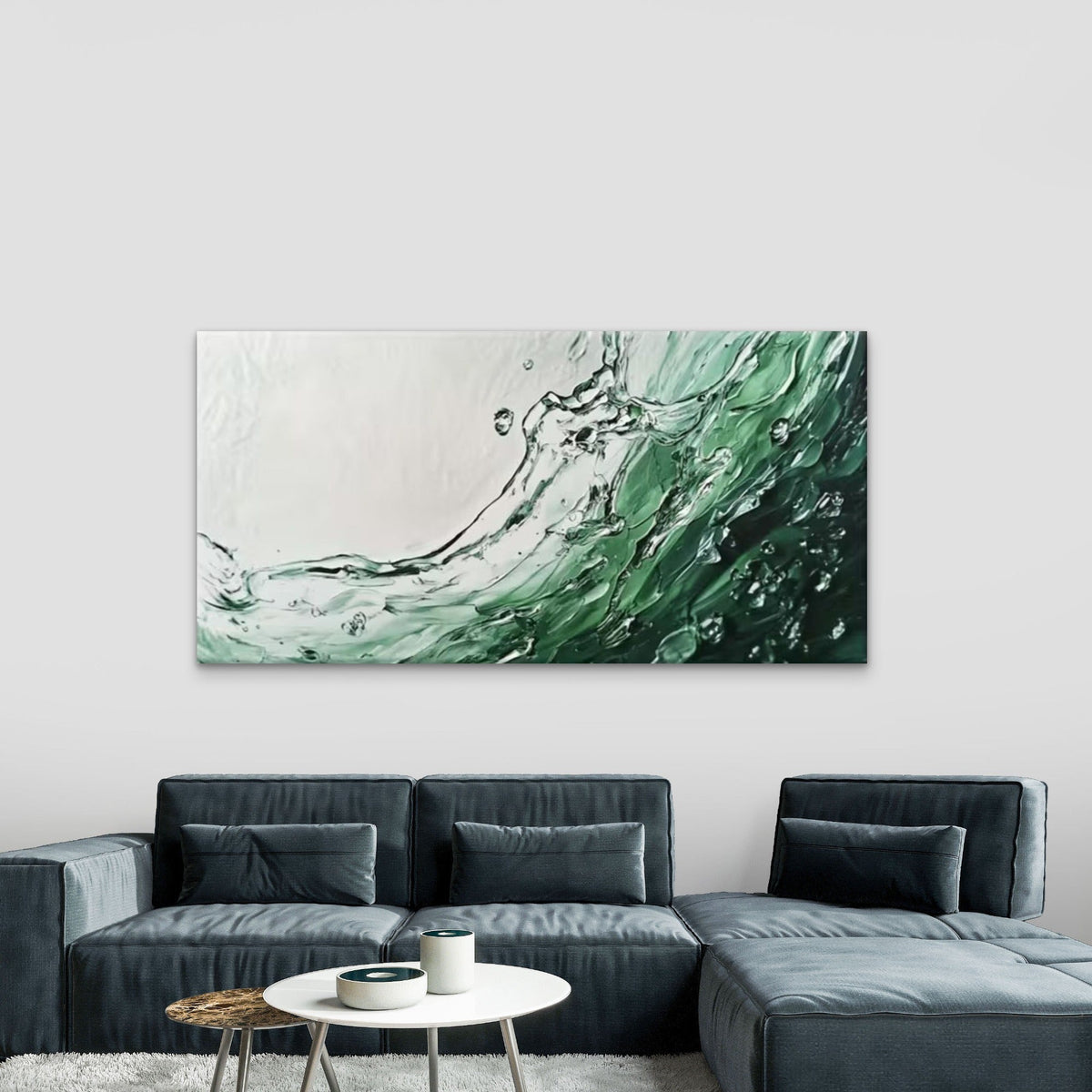 Green Dynamic Waves & Bubbles Wall Art Canvas Office Home Room Framed 80x45cm