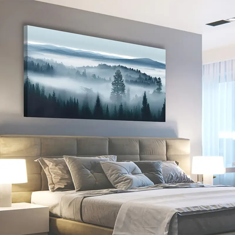 Misty Forest Blue Grey Abstract Mountain Trees Wall Art canvas office home room framed 120x60cm