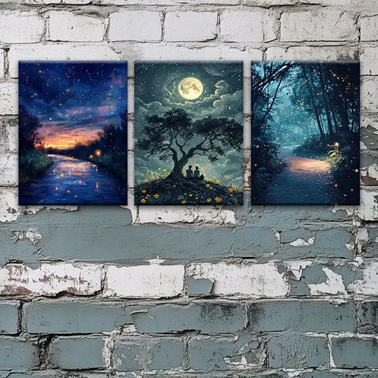 3pcs Watercolor Forest At Night Moon Trees Path Metal Print Ready to Hang Art