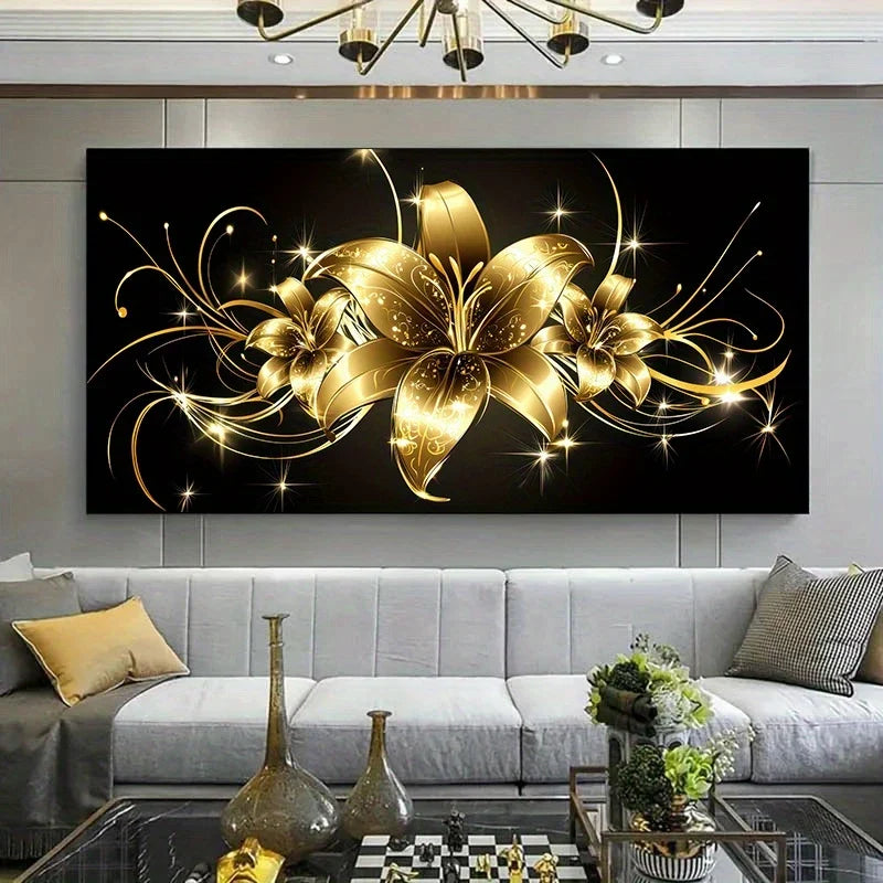 Black & Golden Floral Lily Wall Art wall canvas office home room framed 120x60cm