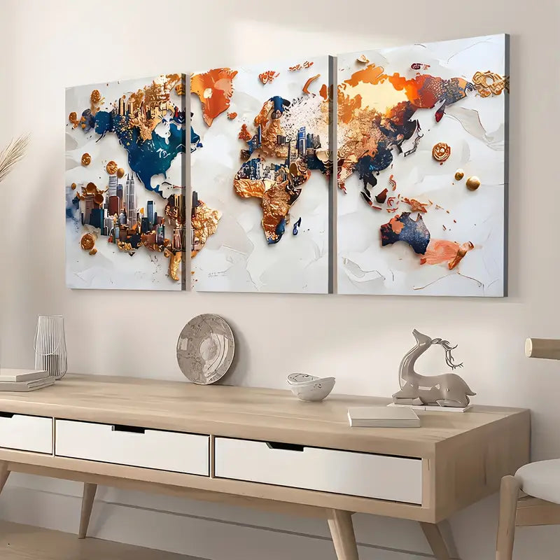 3pcs Modern Style Fashion World Land Map Art Wall Art Set Canvas Framed 40x60cm - High Quality Print 100% Australian Made Wall Canvas Ready to Hang