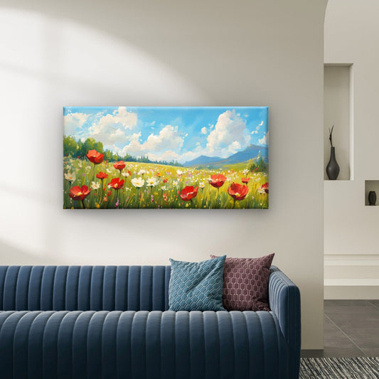 Red Poppy Flora Meadow Painting Wall Art Canvas Office Home Room Framed 80x45cm