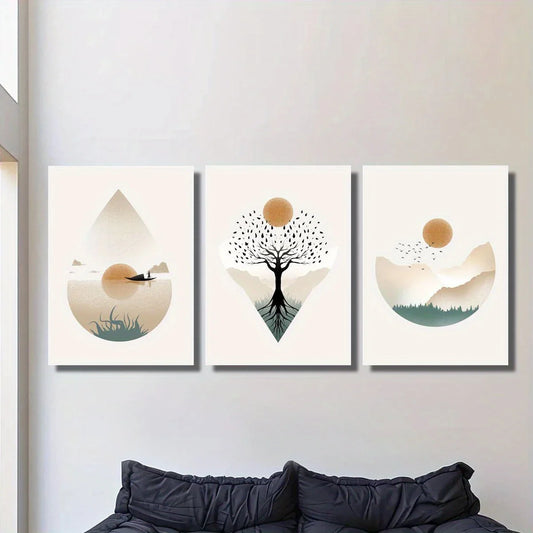 3pcs Sunset, Tree of Life, and Lake Scene with Boat Metal Print Ready to Hang Art