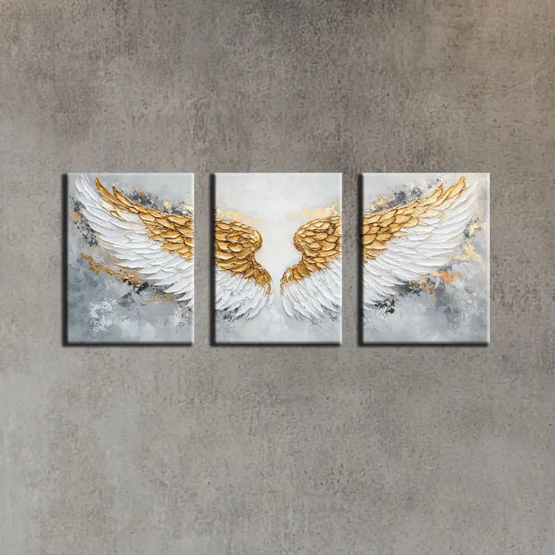 3pcs Abstract White Wings Golden Feather Design Metal Print Ready to Hang Art
