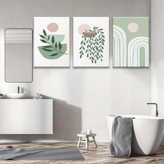 3pcs Sage Green and Blush Pink Botanical Shapes Metal Print Ready to Hang Art