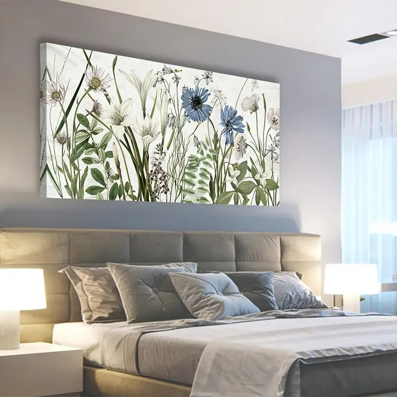 Botanical Wildflower Green Blue Wall Art canvas office home room framed 120x60cm