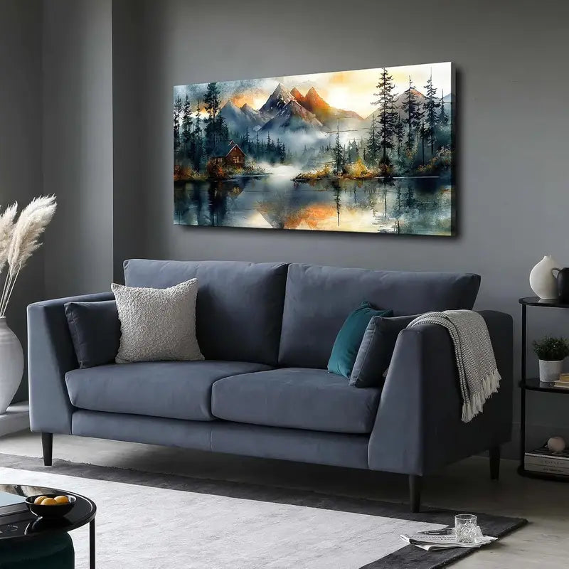 Sunset Lake Rustic Forest Lodge Wall Art canvas office home room framed 120x60cm