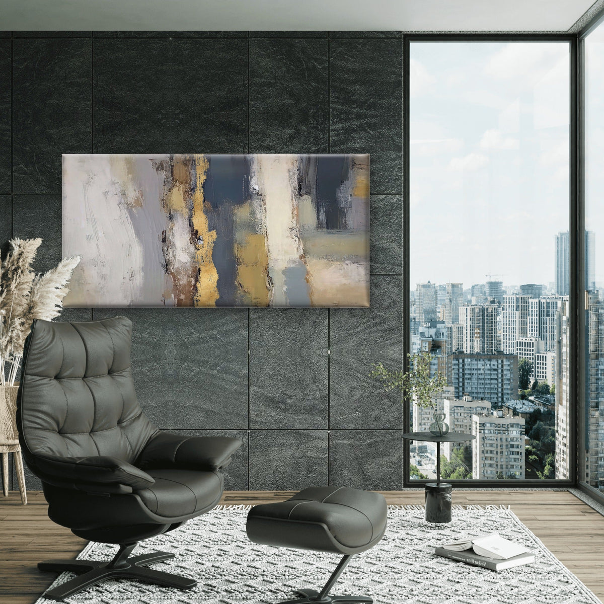 Abstract Grey Gold Foil Wall Art Canvas Office Home Room Framed 120x60cm