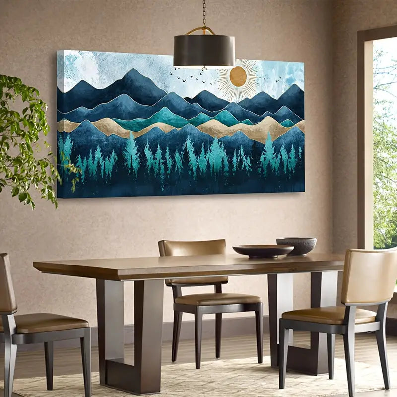 Blue Abstract Forest Mountain Rustic Vintage Nature Wall Art canvas office home room framed 120x60cm