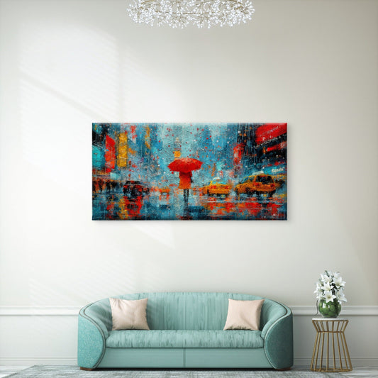 Taxi Red Umbrella Rainy Street Wall Art Canvas Office Home Room Framed 80x45cm