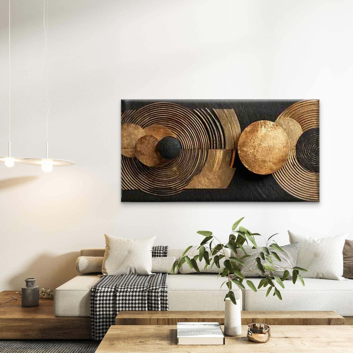 Golden Circles on a Black Wall Art Canvas Office Home Room Framed 120x60cm