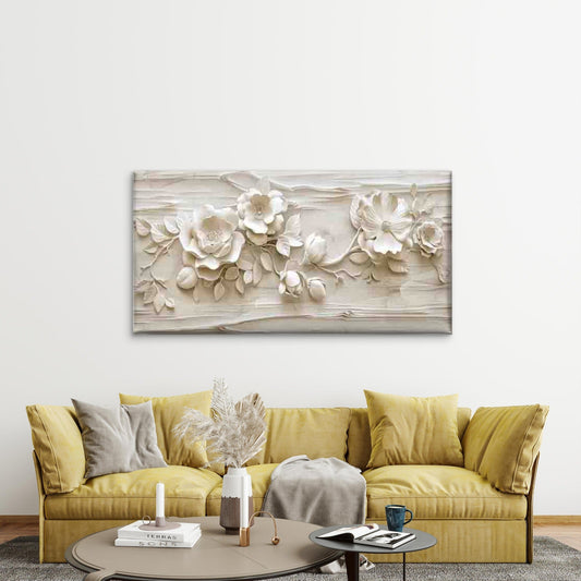 White Floral Relief Sculpture Wall Art Canvas Office Home Room Framed 80x45cm