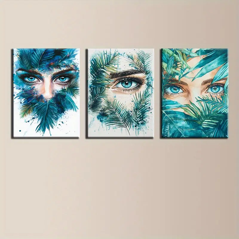 3pcs Vibrant Blue & Green Abstract Faces Metal Print Ready to Hang Art